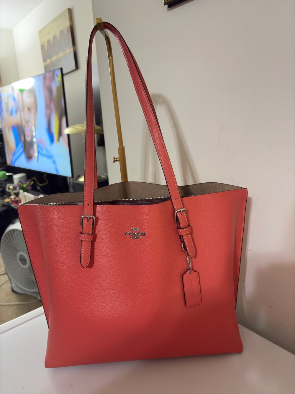 Coach Mollie Coral Pebble Leather Tote